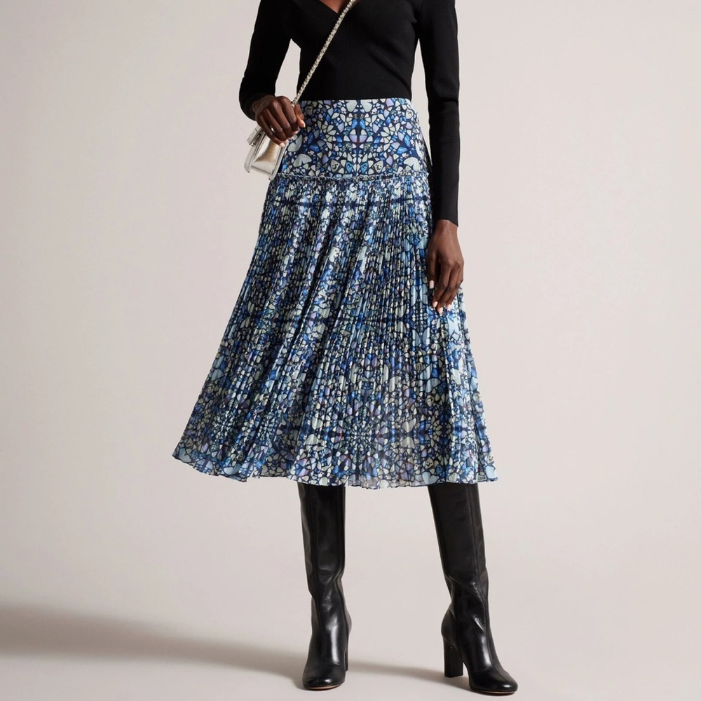 Ted Baker Sz 6 US14 Skirt Lailaah Corrugated Pleat Midi Blue Butterfly Print NWT